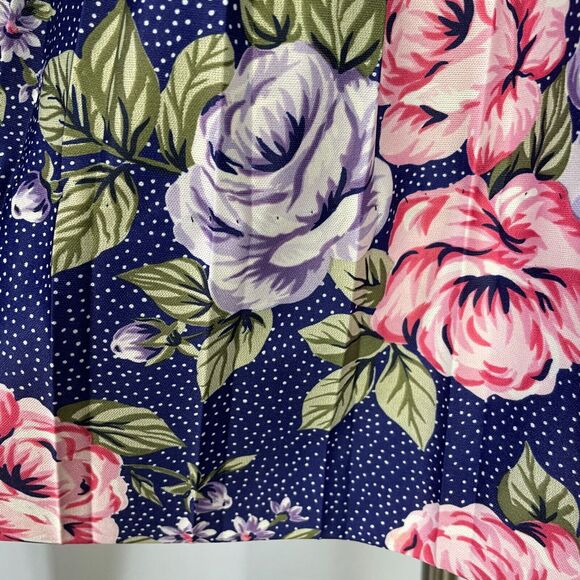 Vintage Pleated Skirt Womens Size 12 Navy Blue Rose Floral A Line Knee Length - Picture 9 of 14